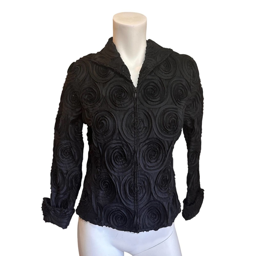 Samuel Dong Black Rosette Applique Designer Zip up Formal Jacket sz S